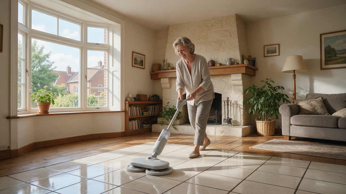 Vrouw dweilt moeiteloos een blinkende tegelvloer met een draadloze roterende mop