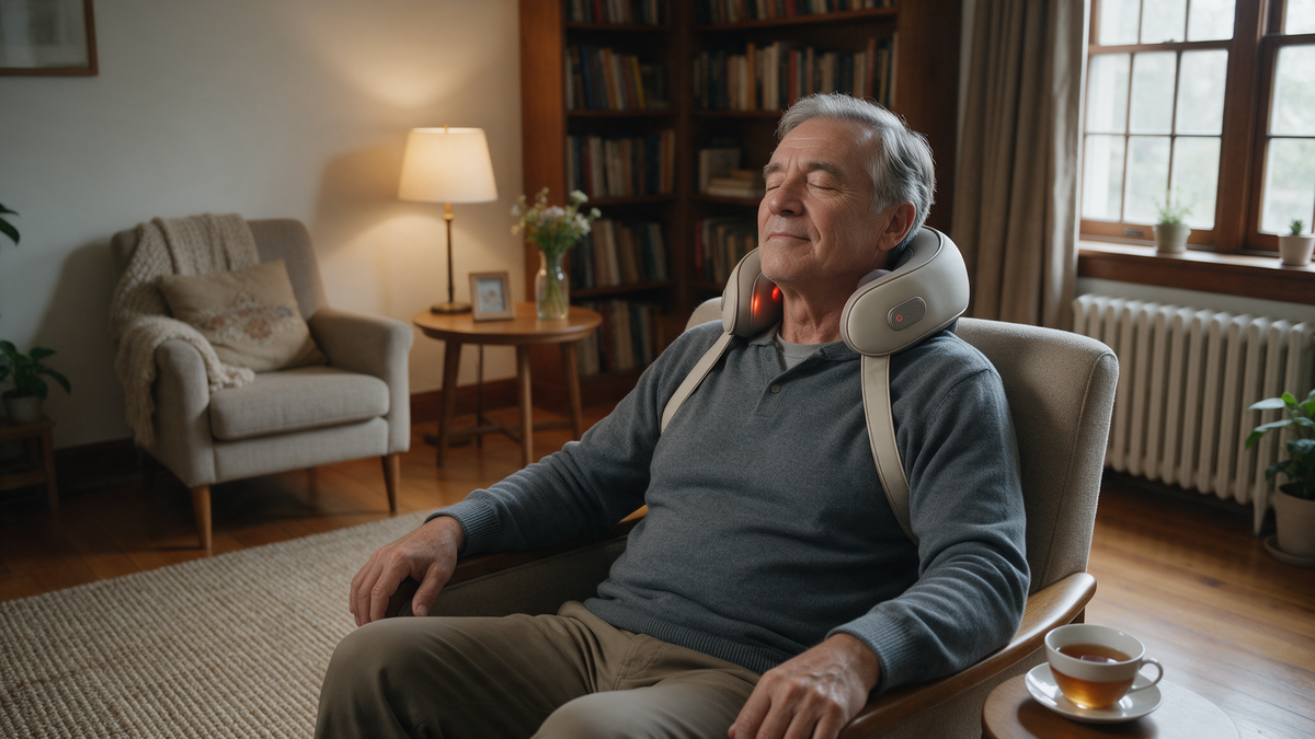 Man ontspant in zijn zetel met een verwarmde nekmassager en een kopje thee