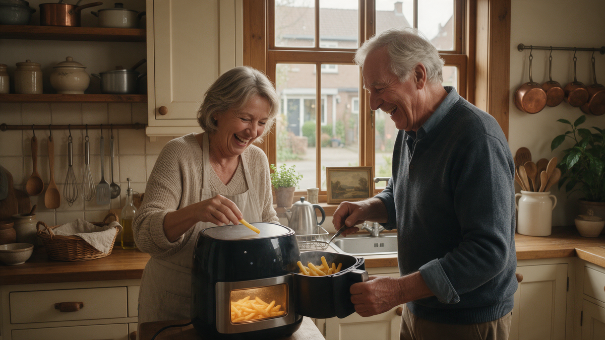 Gepensioneerd koppel haalt lachend frietjes uit de airfryer in hun keuken