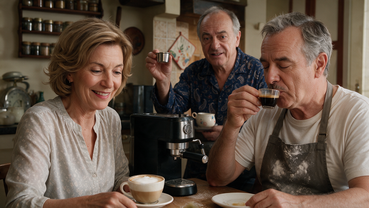 Martine, Michel en Philippe aan de keukentafel met cappuccino, espresso en een herbruikbare koffiepad