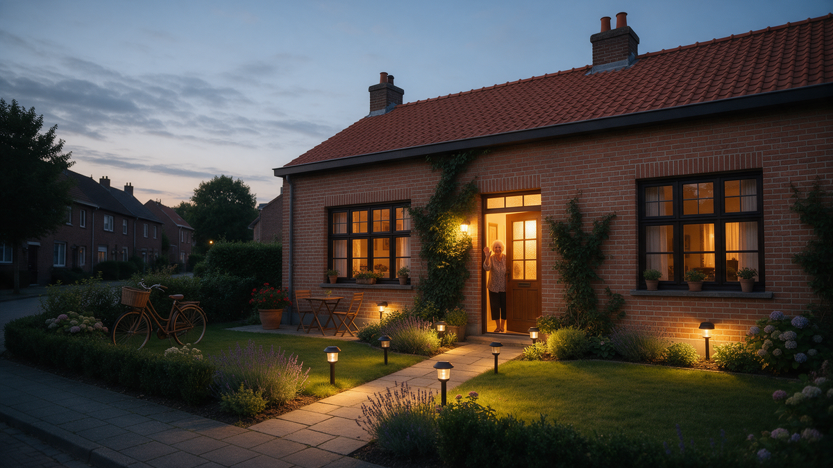 Vlaams rijhuis bij schemering met solarlampen langs het tuinpad