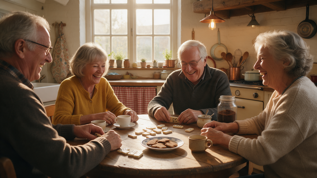 Vier vrienden spelen lachend domino aan de keukentafel met koffie en speculoos