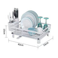 Dish rack with utensils and dishes, showing dimensions on a white background