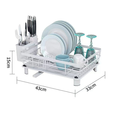 Dish rack with utensils and dishes, showing dimensions on a white background