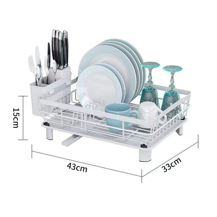 Dish rack with utensils and dishes, showing dimensions on a white background
