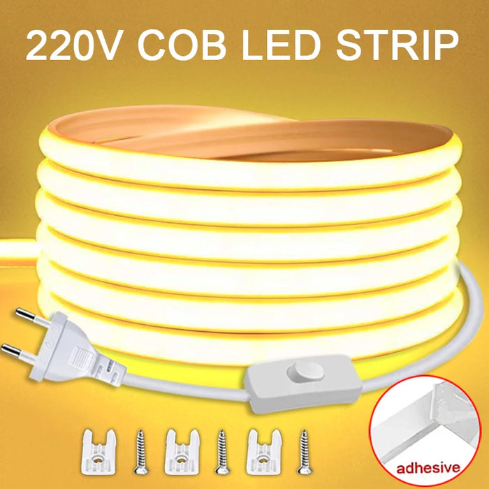Waterdichte COB LED-strip 220V, Flexibele Verlichting voor Tuin en Woning