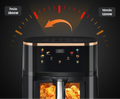 Black air fryer with digital display on a dark background, featuring text about energy savings and power settings.